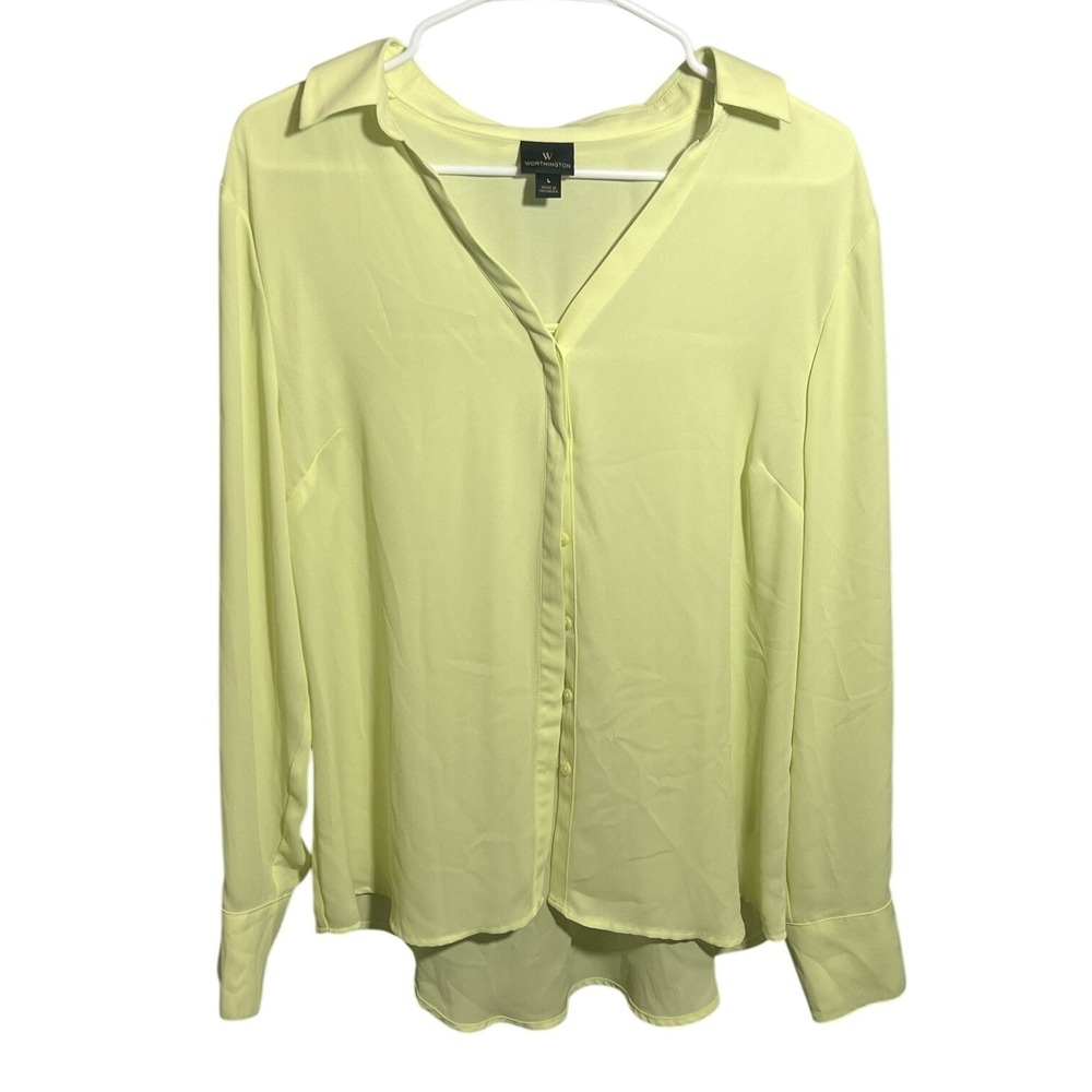 Worthington Women's Lime Green Long Sleeve V-Neck Button Up Blouse Top Size L